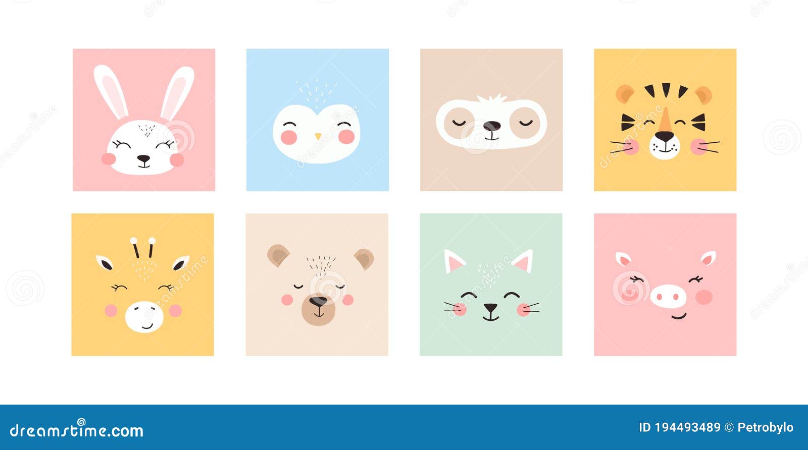 Set with Trendy Cute Animals. Funny Animal Faces. Perfect for Textiles,  Prints, Posters and More Stock Vector - Illustration of head, happy:  194493489