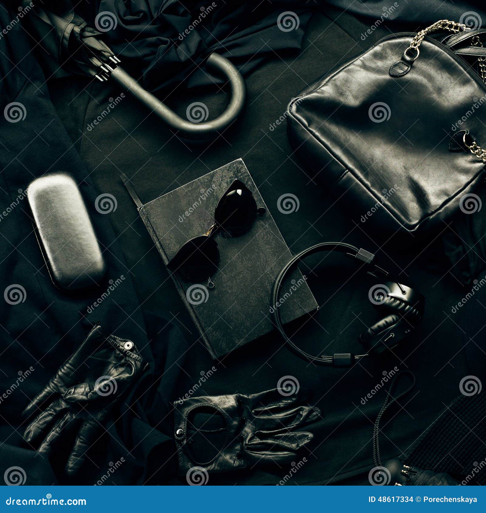 Set of Trendy Stylish Black Accessories and Clothes Stock Photo Image