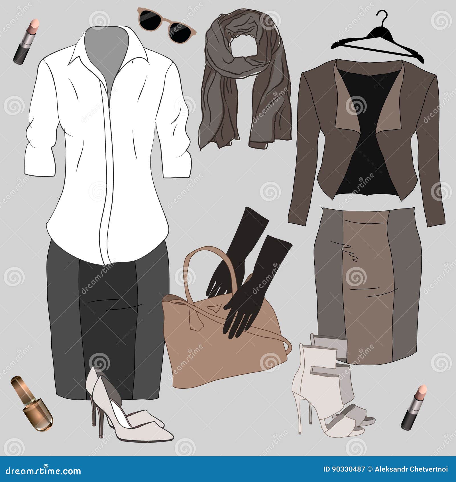 Set of Trendy Women`s Clothes. Outfit of Woman Jacket, Stock