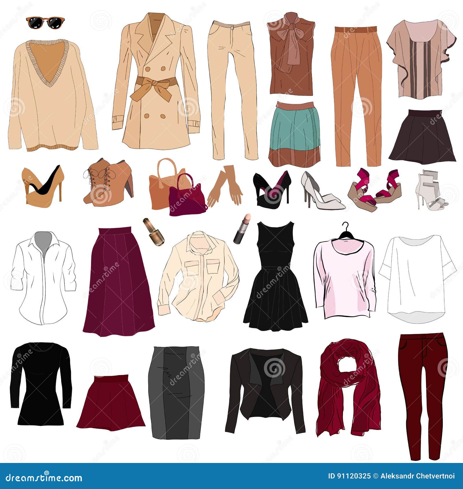 https://thumbs.dreamstime.com/z/set-trendy-women-s-clothes-outfit-woman-jacket-skirt-shirt-accessories-wardrobe-vector-illustration-91120325.jpg