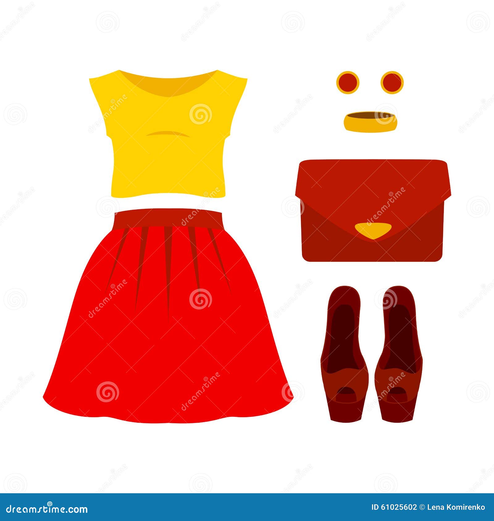 set of trendy women's clothes with red skirt, yellow top and acc