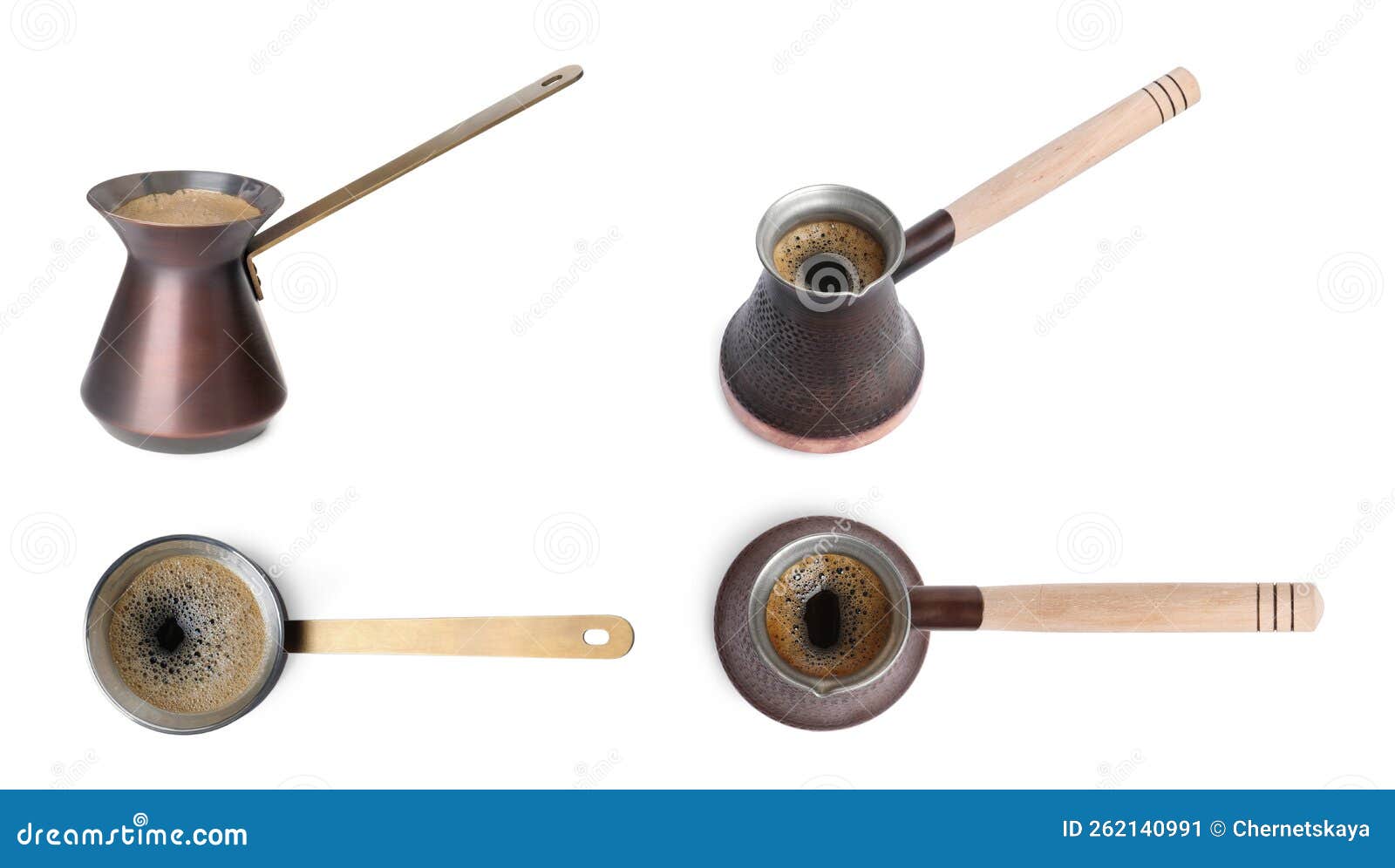 Set with Turkish Coffee Pots Cezve with Hot Coffee on White Background