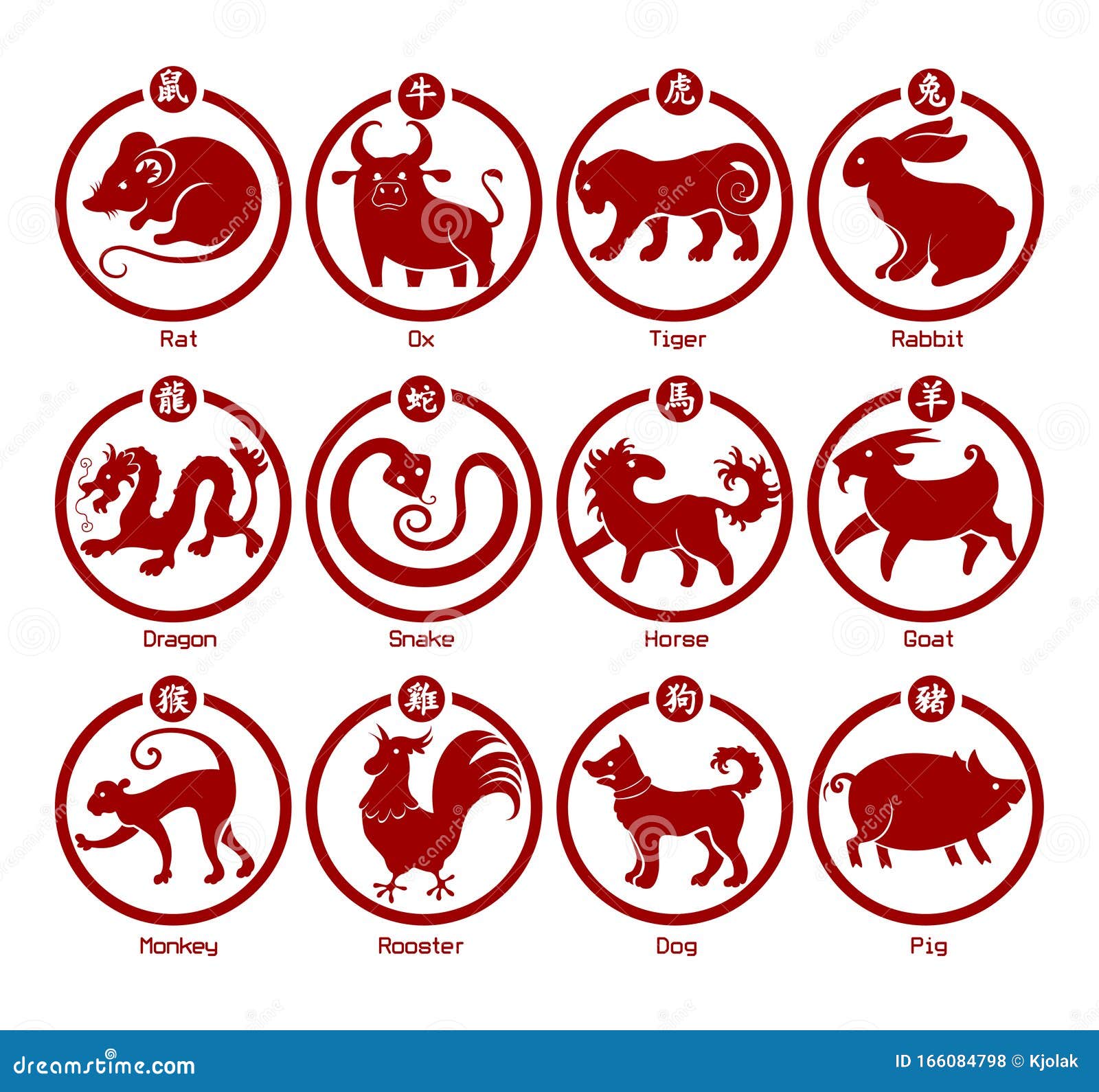 Set of Twelve Animals of the Chinese Zodiac. Red on a White Background  Stock Illustration - Illustration of object, twelve: 166084798