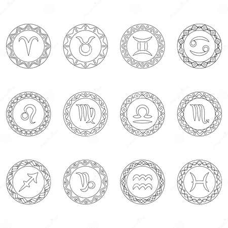 Set Twelve Signs of Zodiac Symbols in Round Frames - Black and White ...