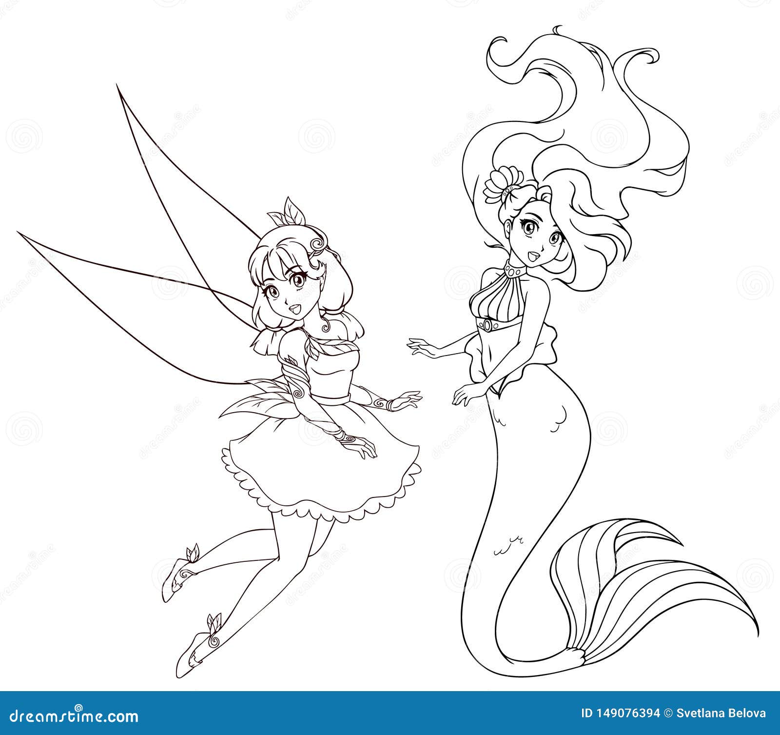 Set of Two Anime Style Characters. Mermaid and Fairy. Hand Drawn ...
