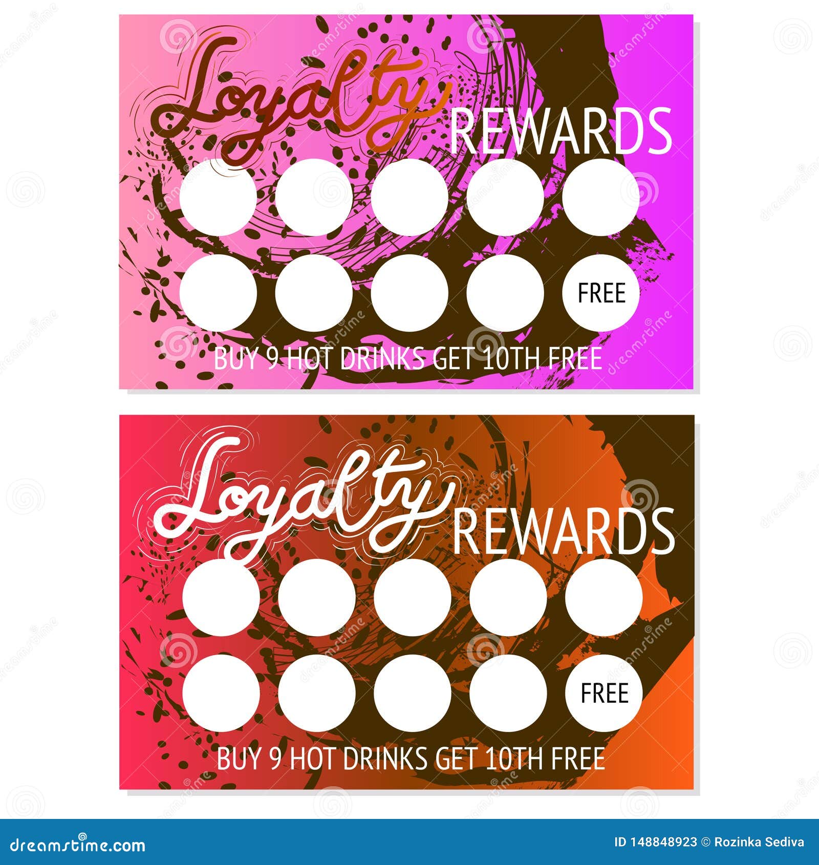 set of two loyalty rewards card for hot drinks templates. abstract . .