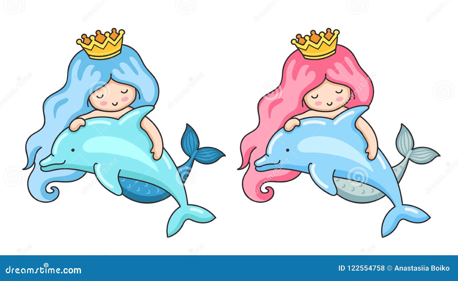 Set of Two Mermaids with Dolphins. Stock Vector Illustration of blue