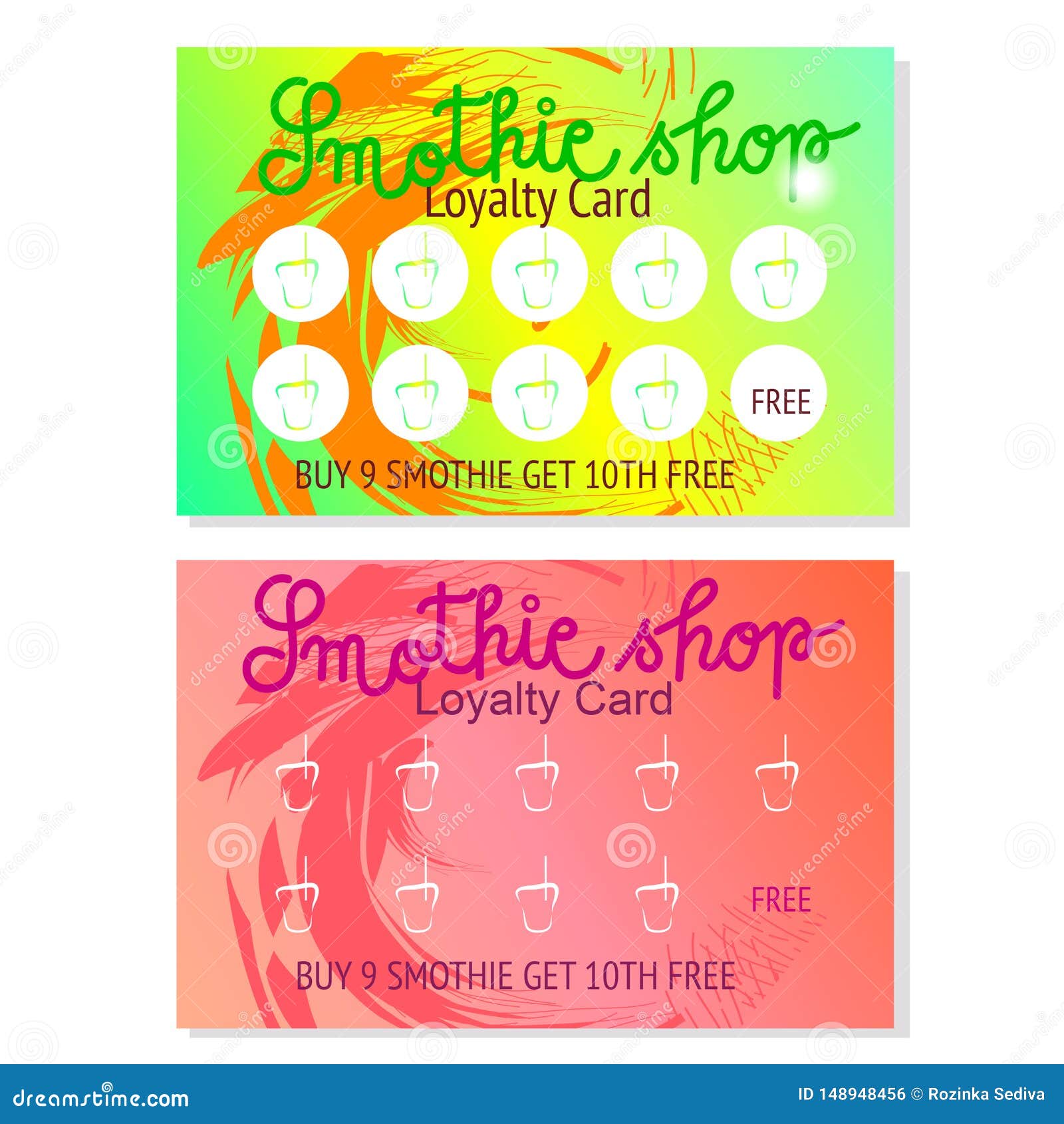 set of two smothie shop loyalty card for hot drinks templates. abstract . .