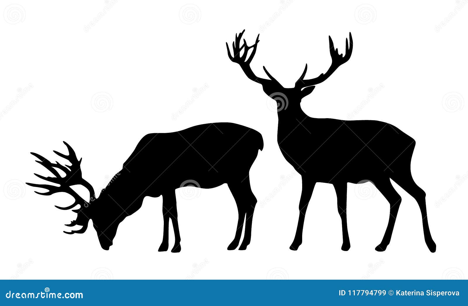 Standing Deer Family Black And White Vector Silhouette Set