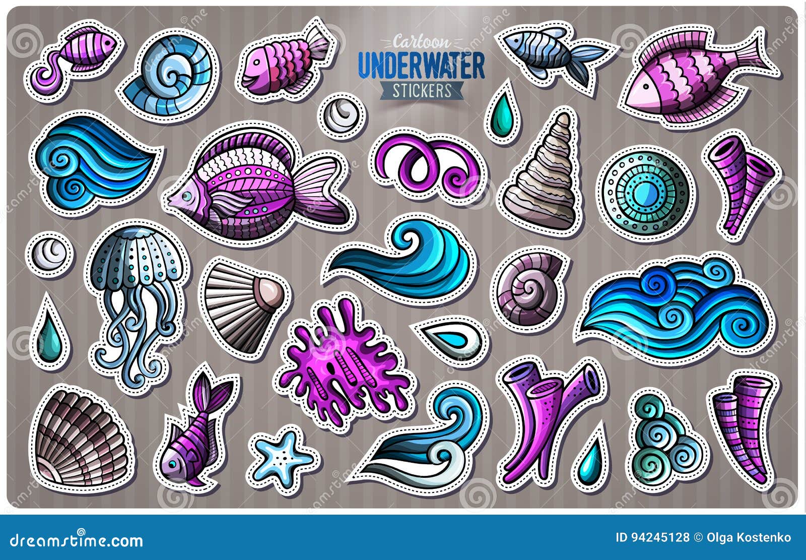Set of Underwater Life Cartoon Stickers Stock Vector Illustration of