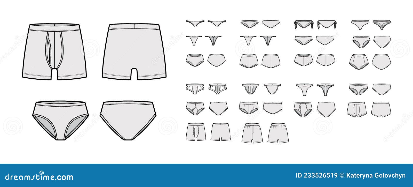 Set of Underwear Lingerie Panties Briefs Technical Fashion Illustration ...