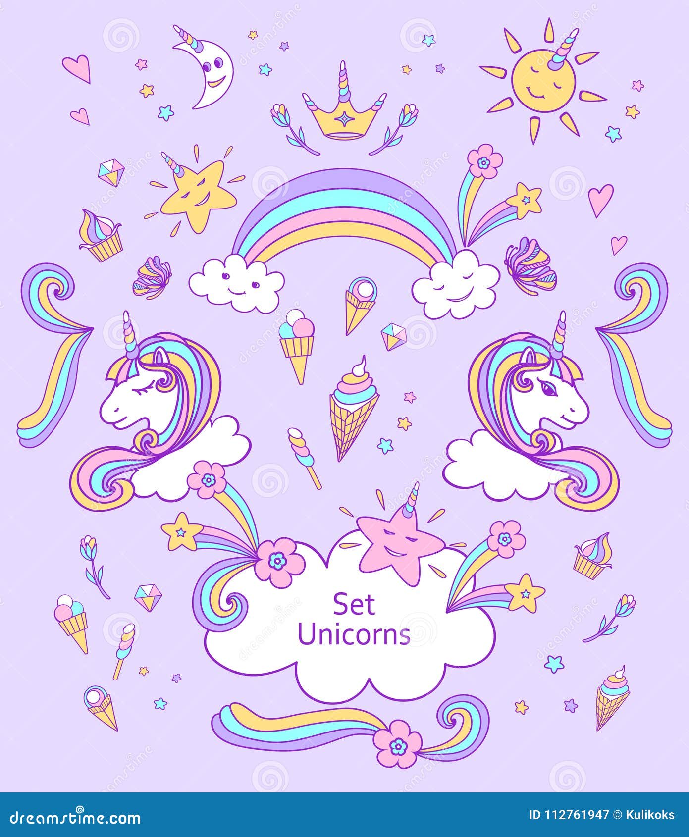 set unicorns and cute s in doodle cartoon style