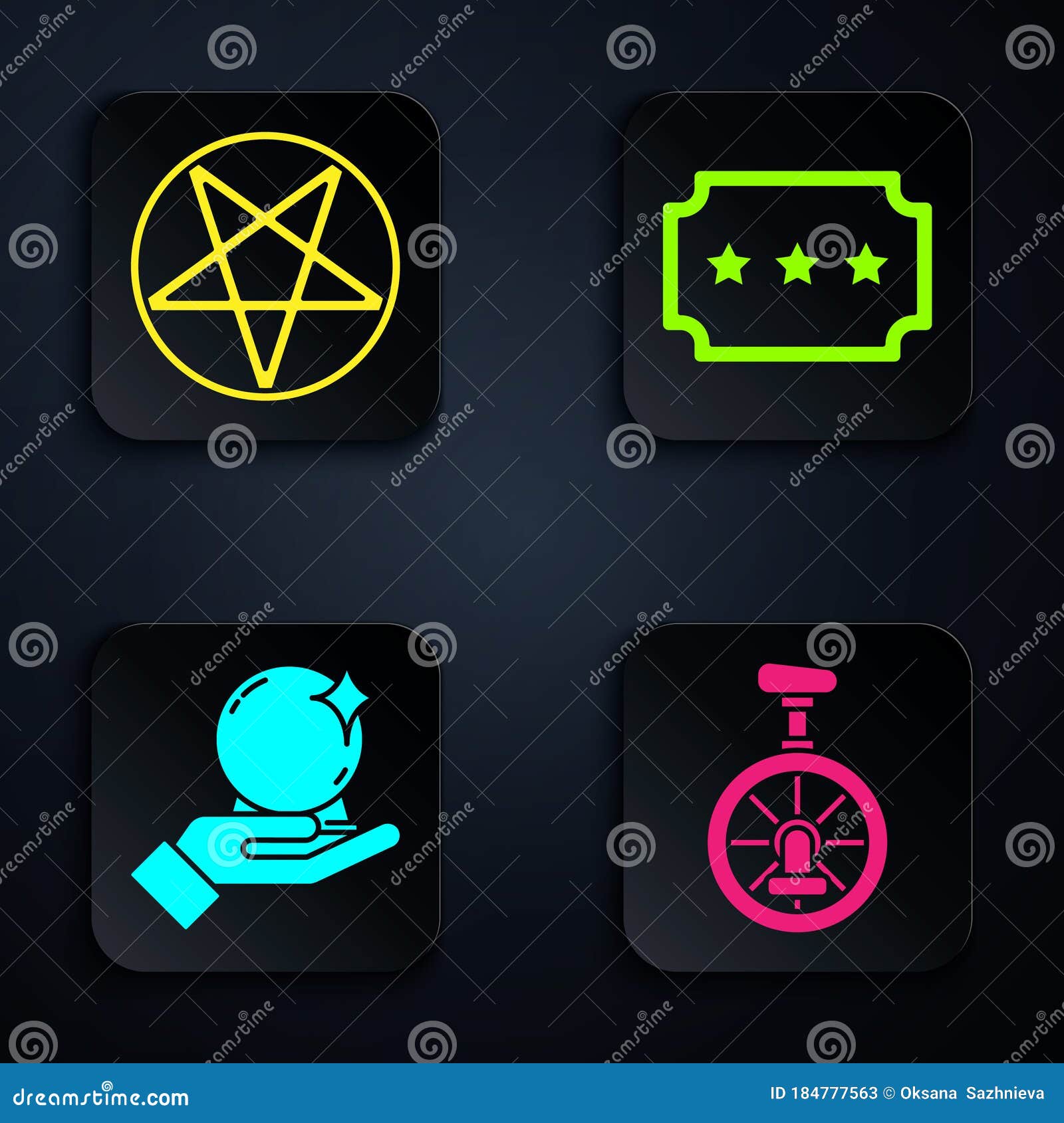 Set Unicycle or One Wheel Bicycle, Pentagram in a Circle, Magic Ball on Hand and Ticket. Black