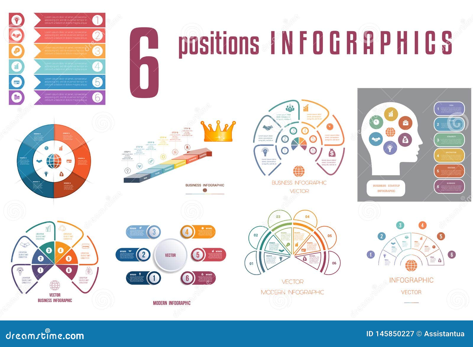 set 9 universal templates s infographics conceptual cyclic processes for 6 positions