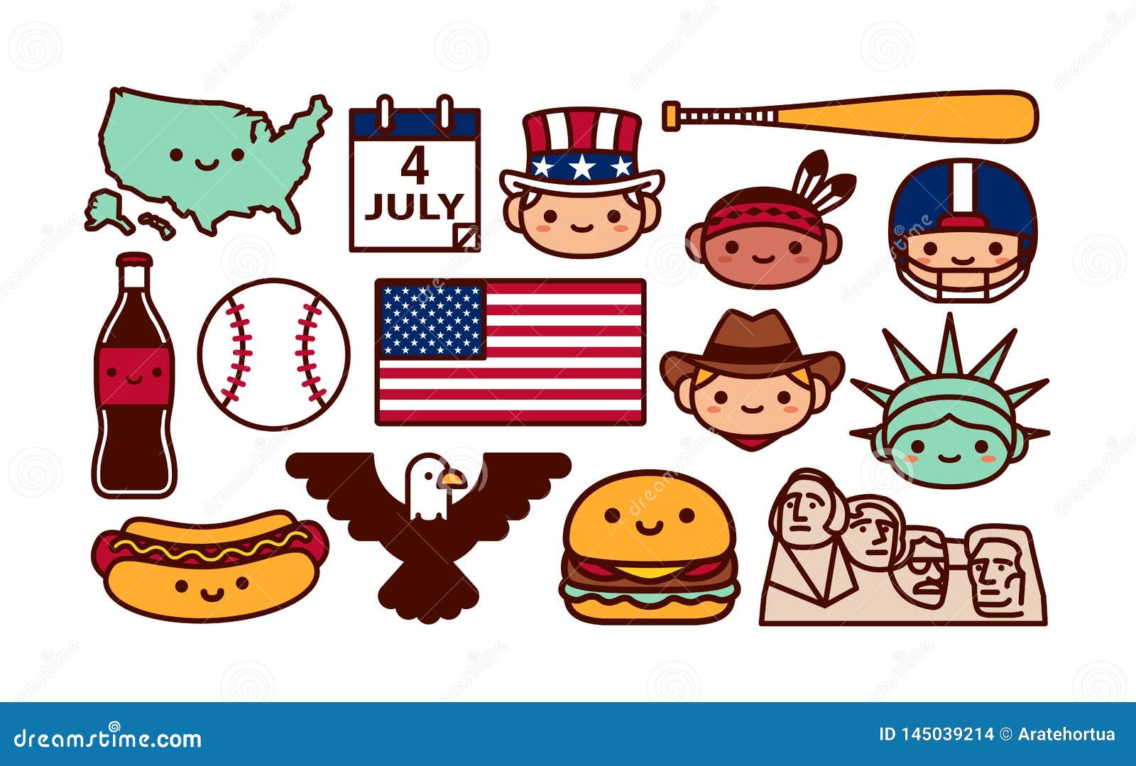 Set of USA Cartoon Icons Isolated Stock Vector - Illustration of fourth,  happy: 145039214