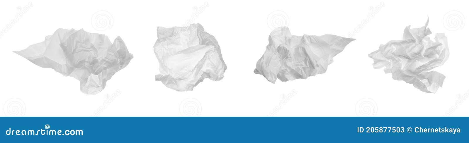 set with used crumpled paper tissues on white background. banner 