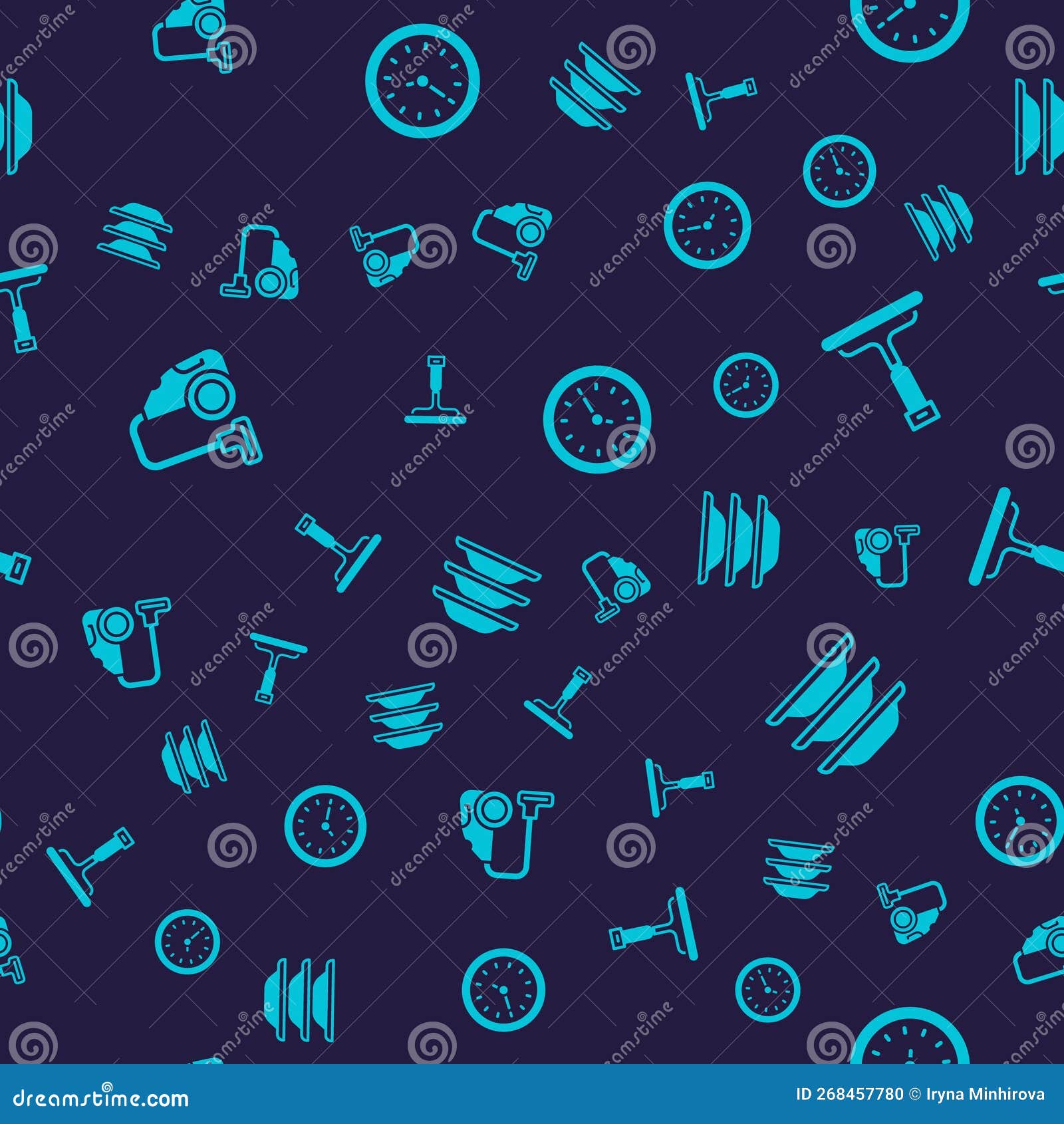 Set Vacuum Cleaner, Rubber for Windows, Clock and Washing Dishes on