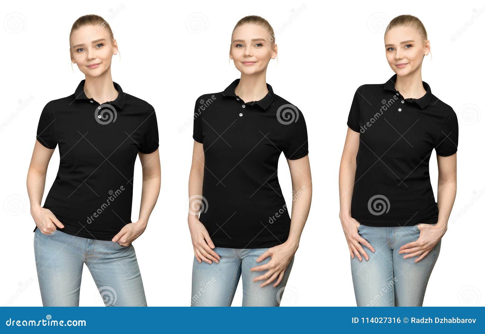 Girl In Blank Black Polo Shirt Mockup Design For Print And ...
