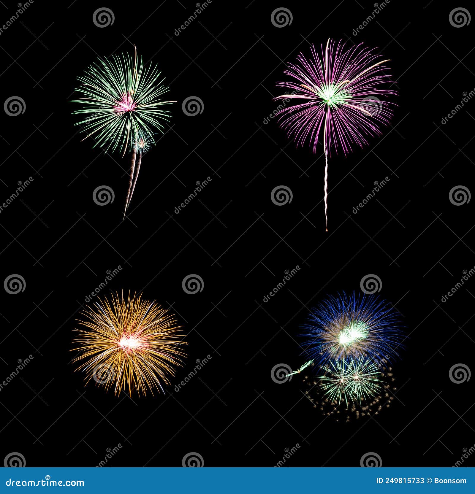 Set of Variety Colorful Fireworks Isolated on Black Background Stock