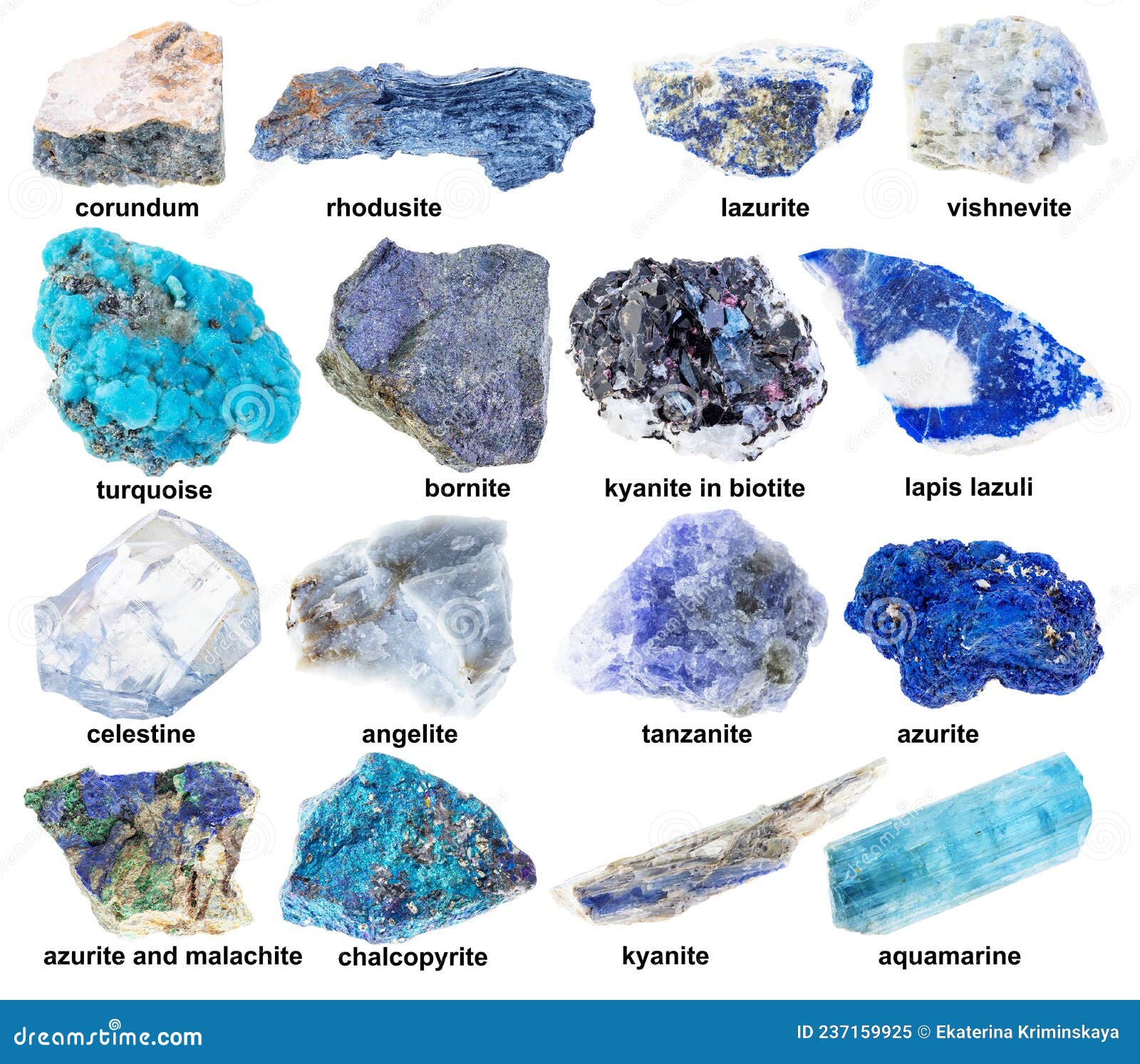 Set of Various Blue Raw Minerals with Names Stock Image - Image of