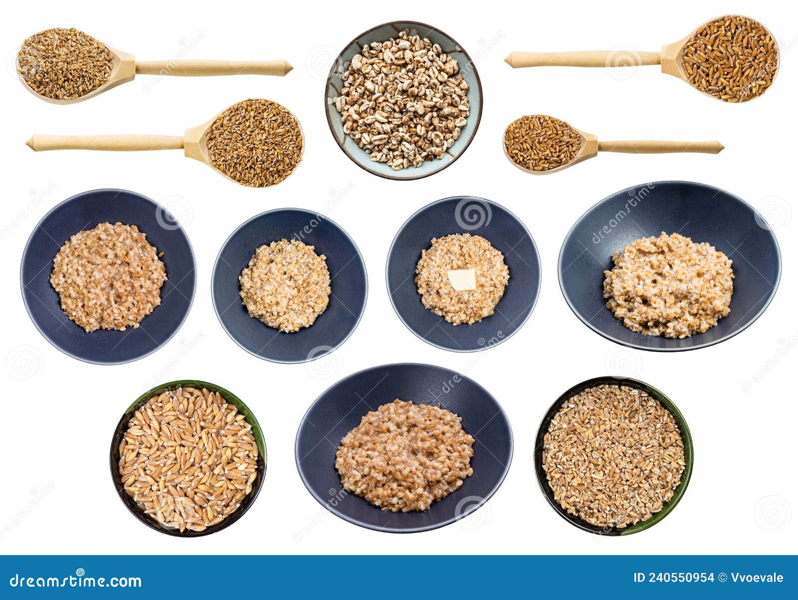 set of various cooked and raw emmer wheat grains