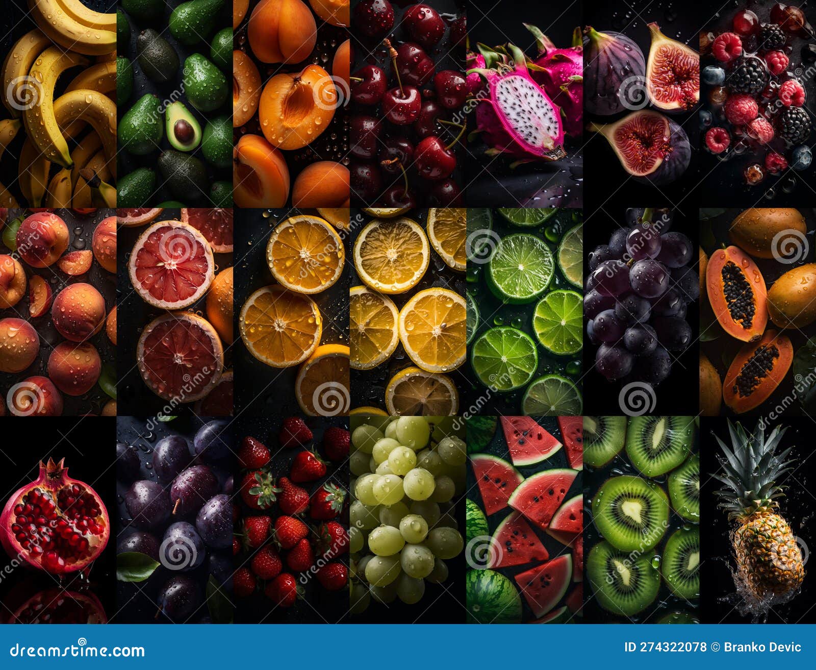 Set of Various Delicious Fresh Fruit on Vertical Backgrounds Stock