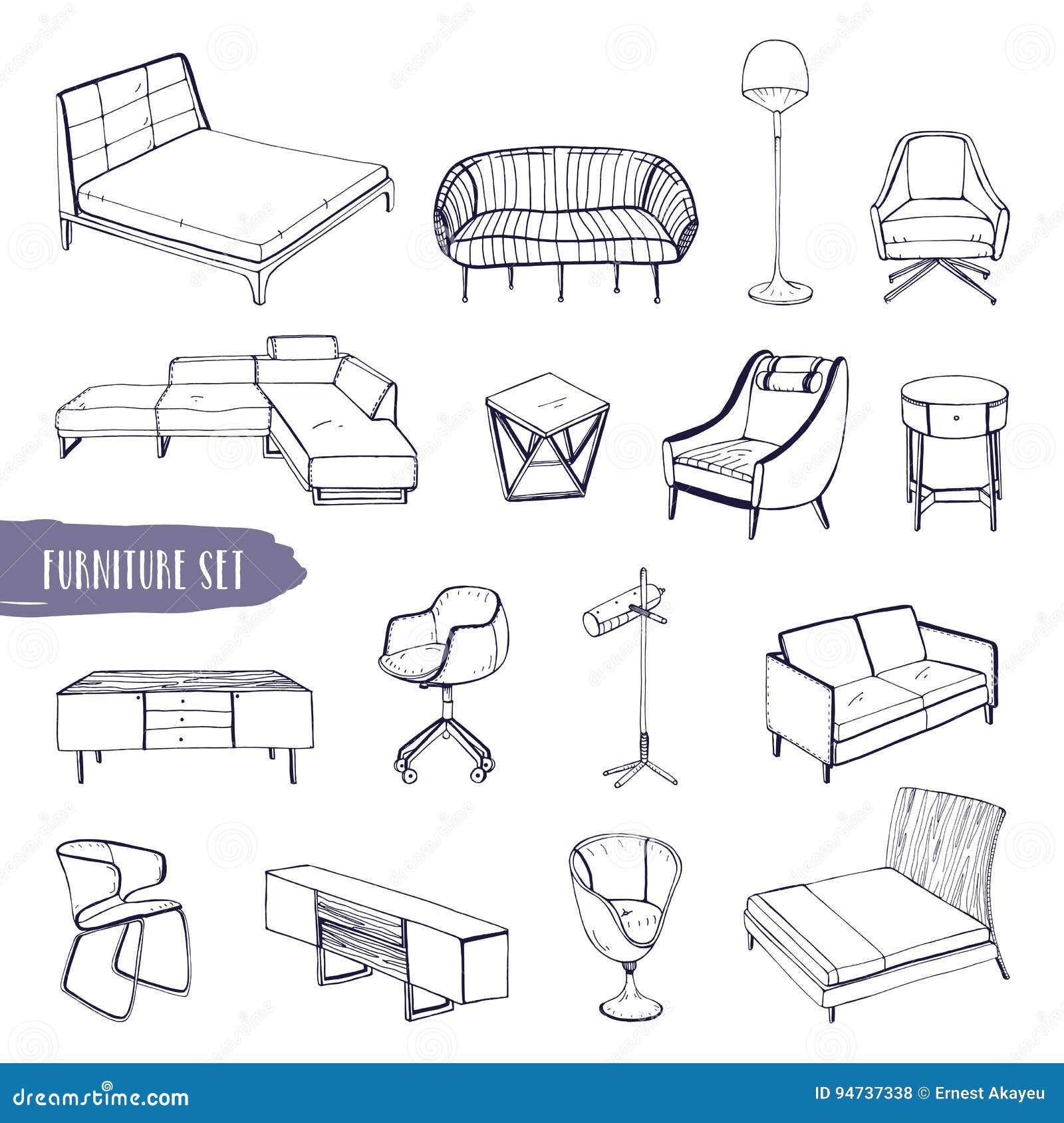 Set Of Various Furniture Hand Drawn Different Types Sofas Chairs