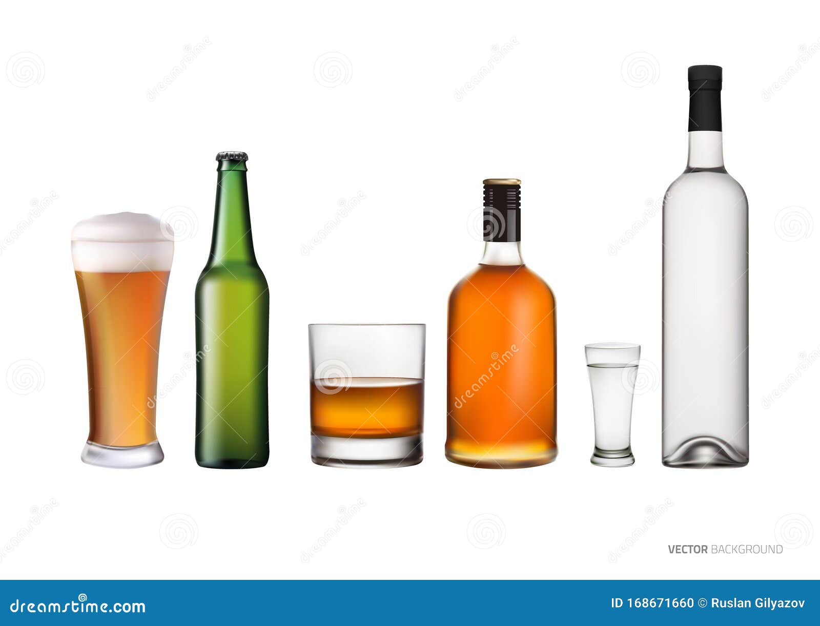 Set with Various Glasses and Bottles of Alcohol Stock Vector