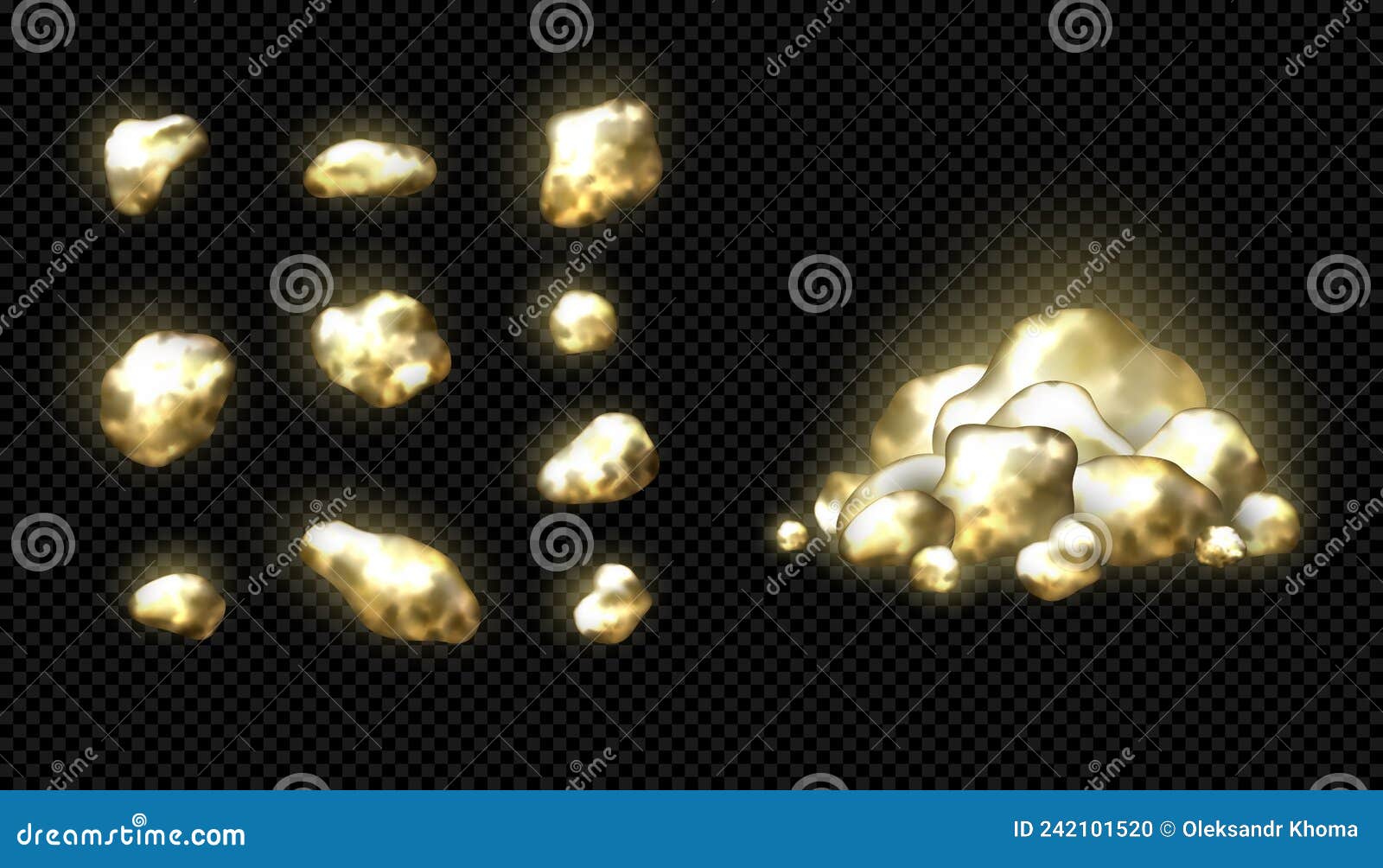A Set Of Various Golden Nuggets Isolated, Vector Illustrations Of