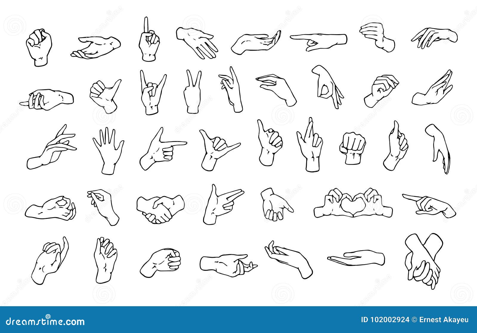 set of various hand gestures, s shown with palm and fingers drawn with black contour lines on white background