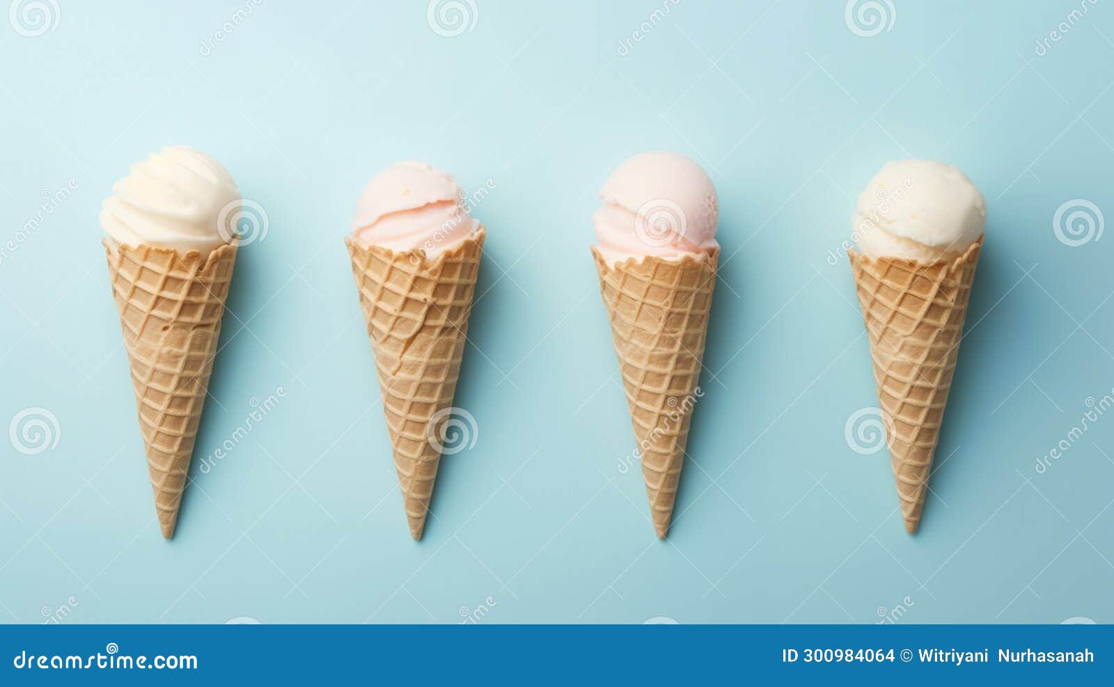Set of Various Ice Cream Scoops in Waffle Cones Isolated on Cyan
