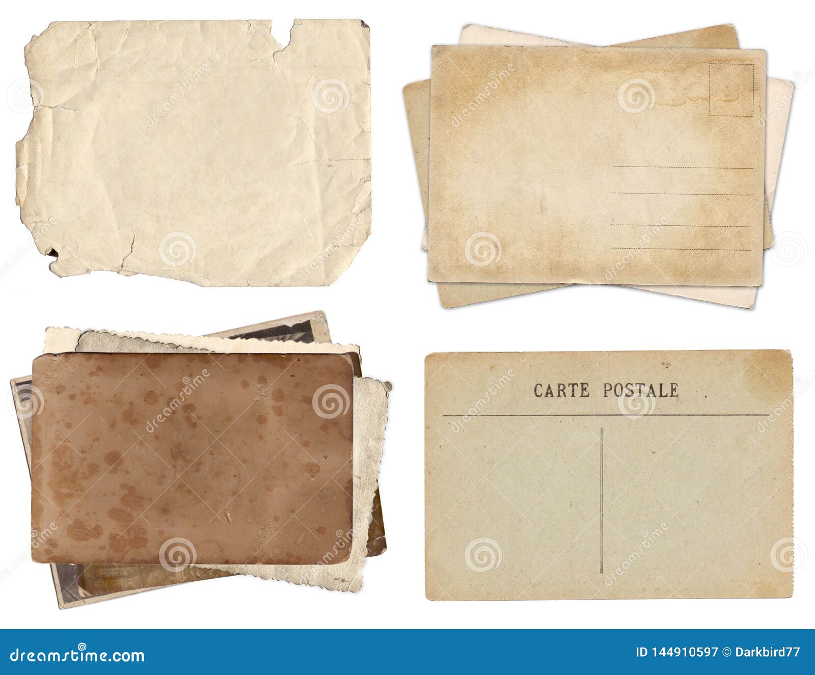 Set of Various Old Papers and Postcards with Scratches and Stains