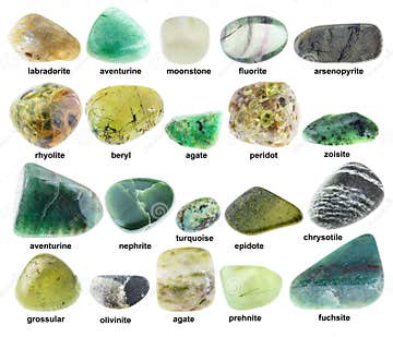 Set of Various Polished Green Minerals with Names Stock Image - Image ...