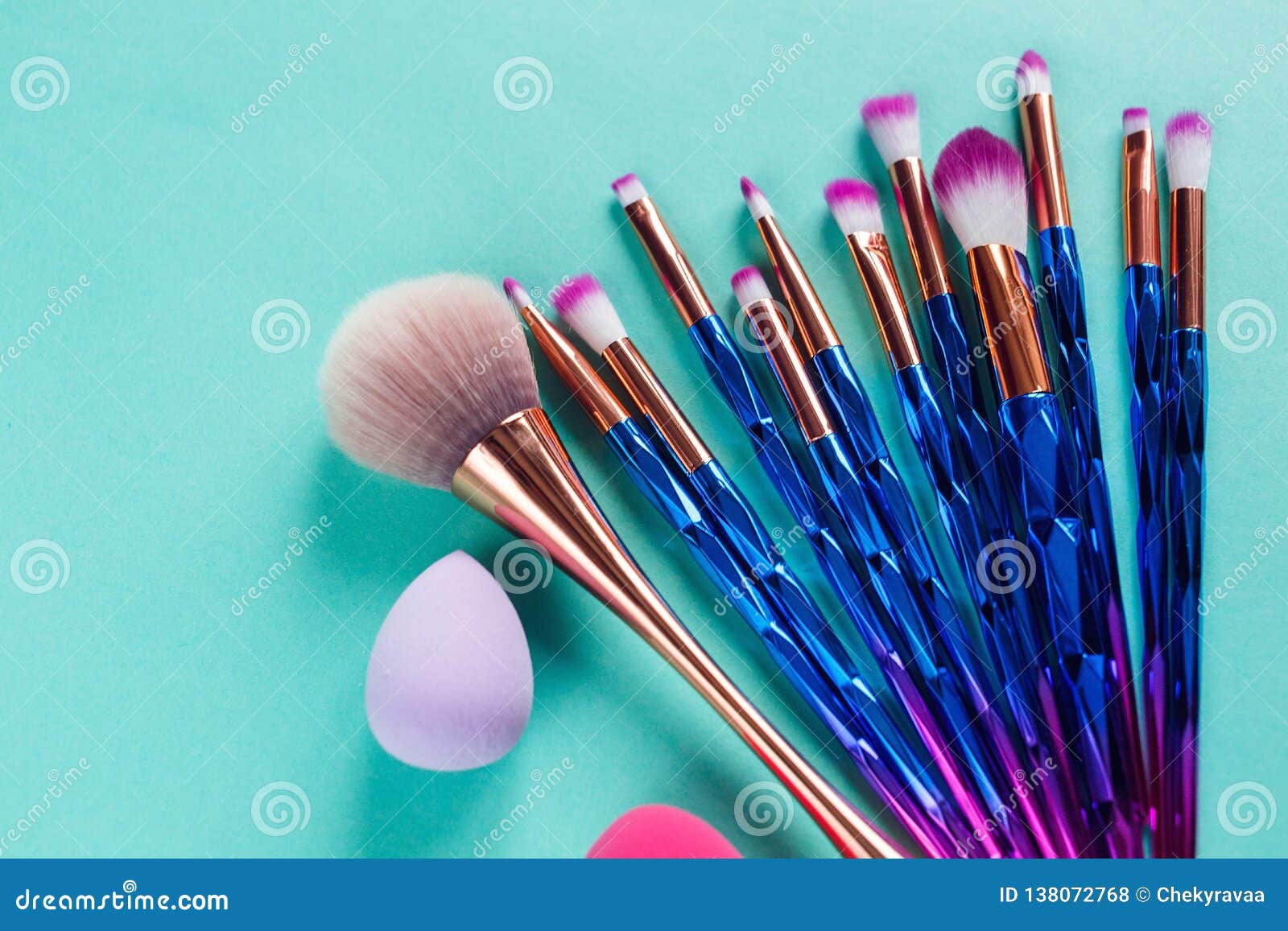 Set of Various Professional Trendy Fashion Violet Purple Metallic Makeup  Brushes on Pastel Green Background. Flat Lay, Top View. Stock Photo - Image  of accessories, fluffy: 138072768