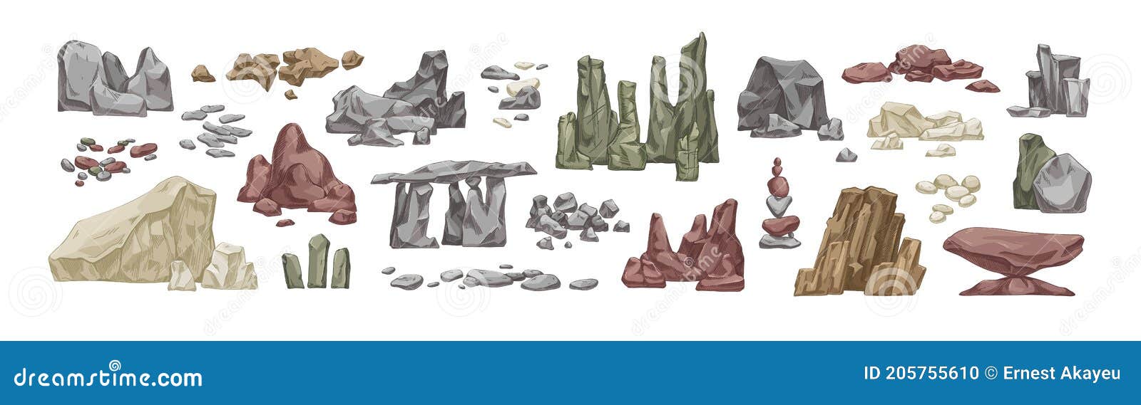 set of various stone and rock hand drawn   in realistic style. bundle of detailed big and small heavy