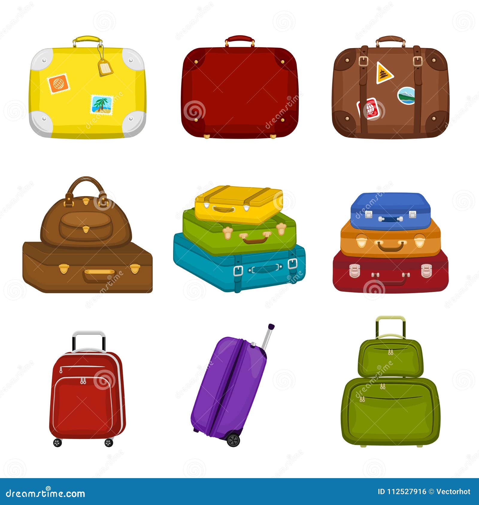 Set of Pile Travel Bags Suitcases with Stickers on Isolated White  Background. Summer Travel Handle Luggage Traveling Baggage Stock Vector -  Illustration of background, border: 112527916