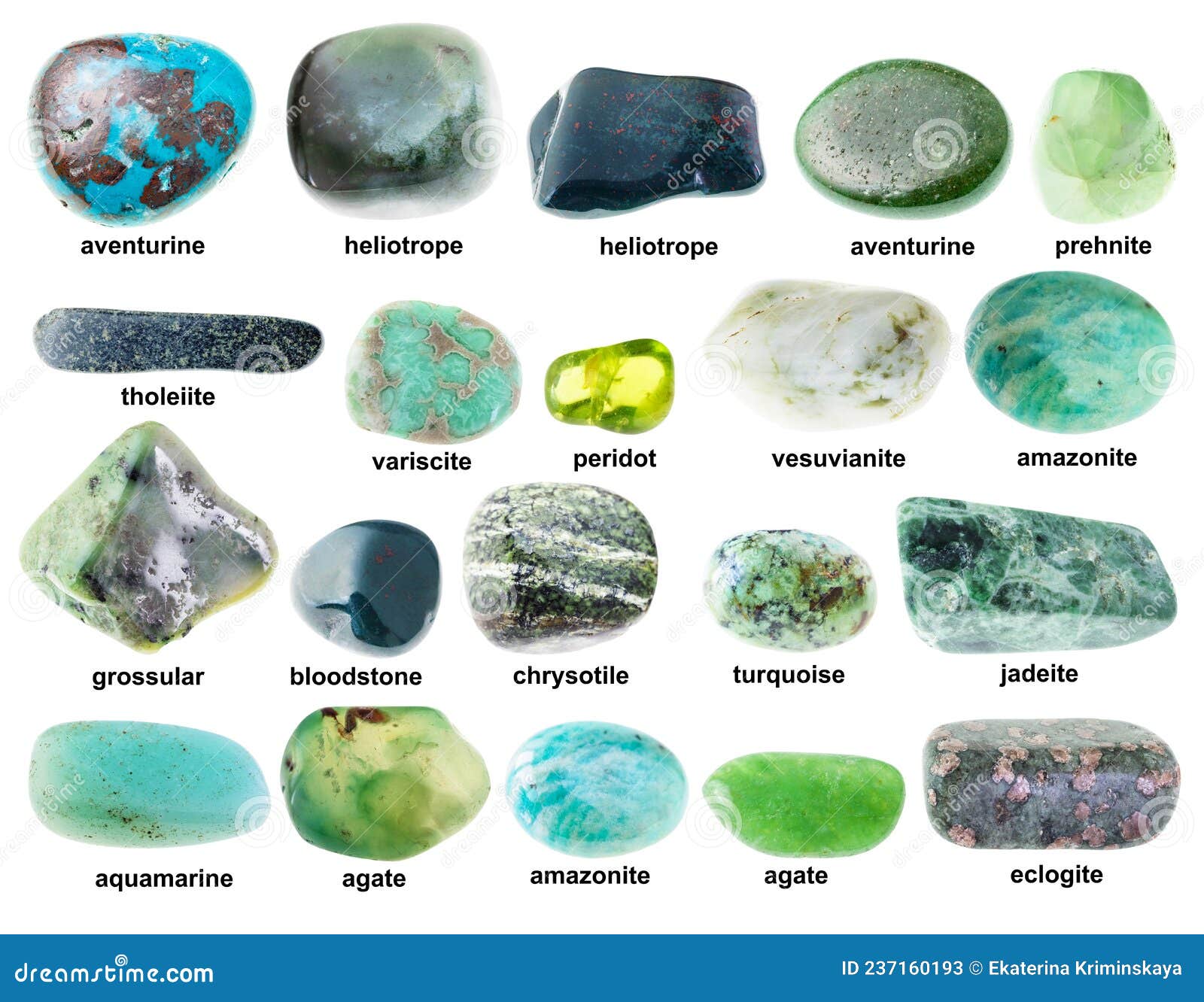 set of various tumbled green rocks with names