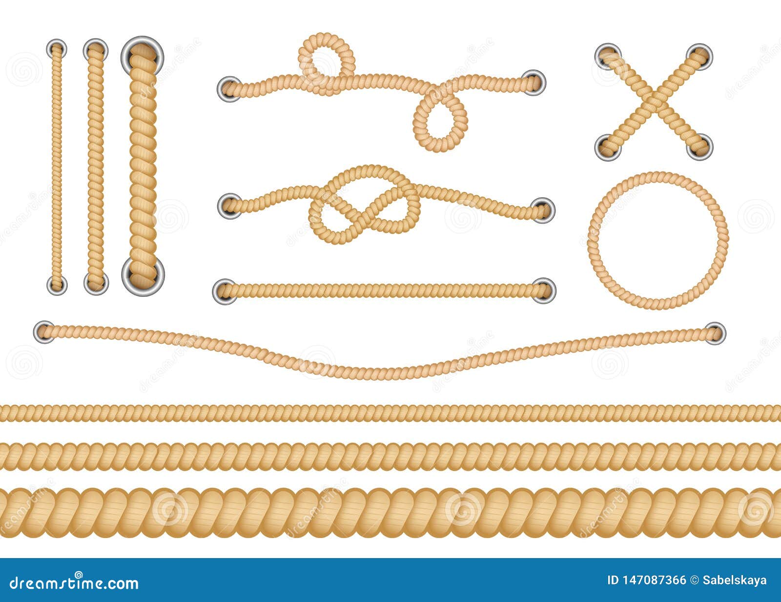 Set of Various Types of Nautical Loops and Knots for Rope. Stock