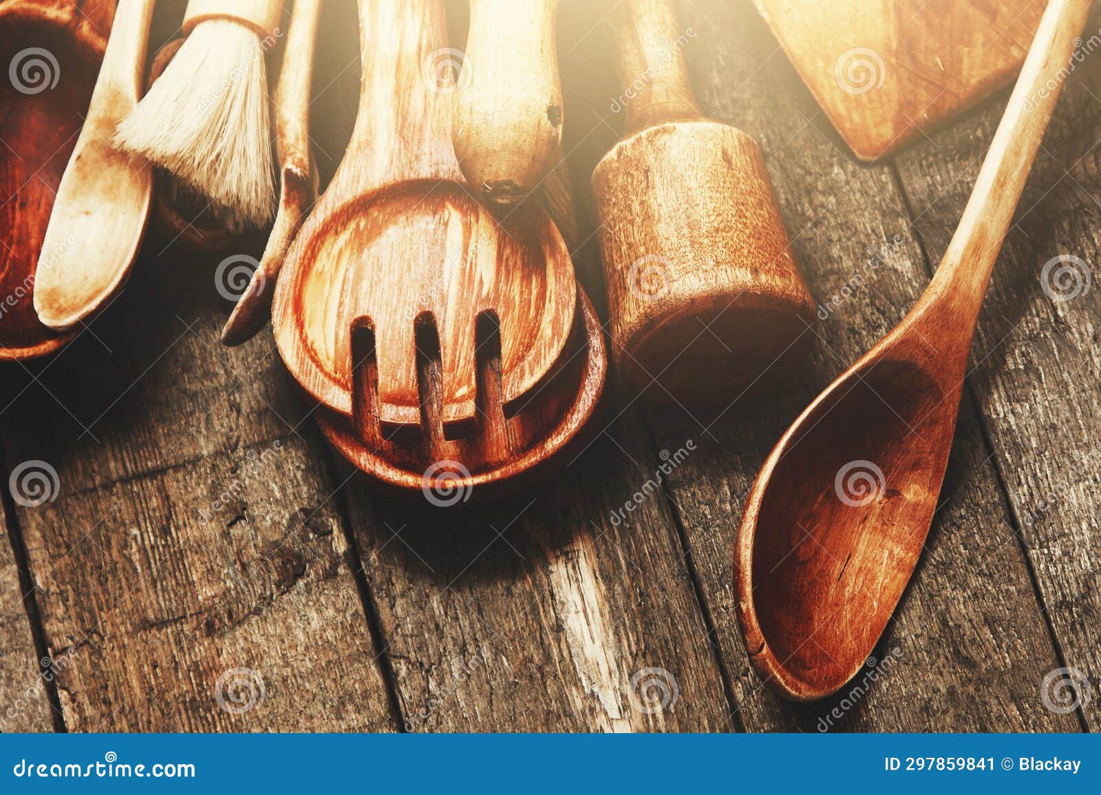 Set of Various Wooden Kitchen Utensils on the Table Stock Image Image