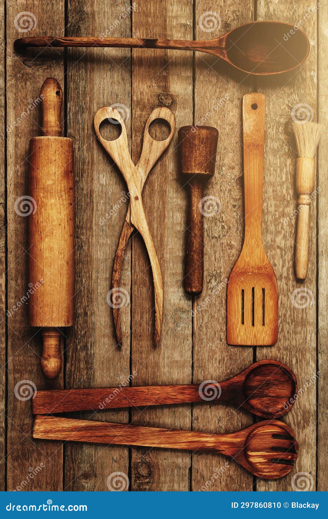 Set of Various Wooden Kitchen Utensils on the Table Stock Photo Image