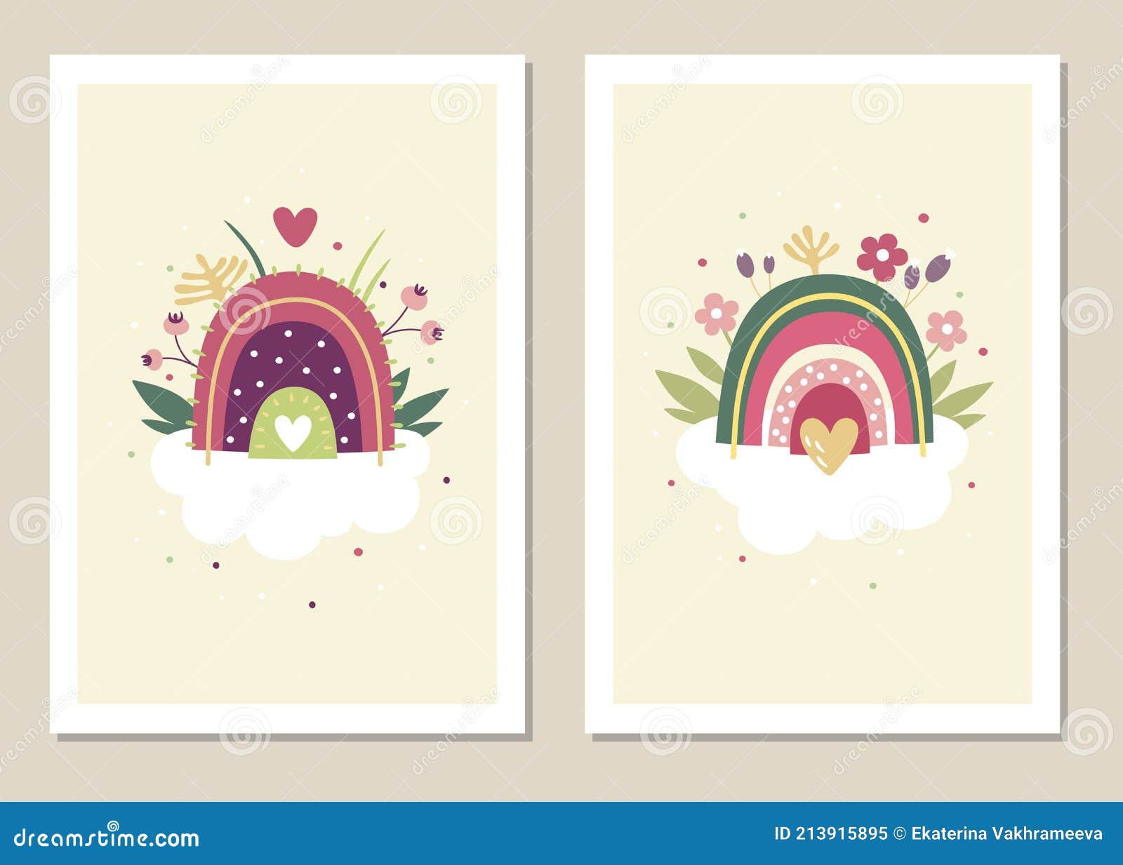 Set of Vector Abstract Wall Art. Abstract Rainbows on the Cloud and