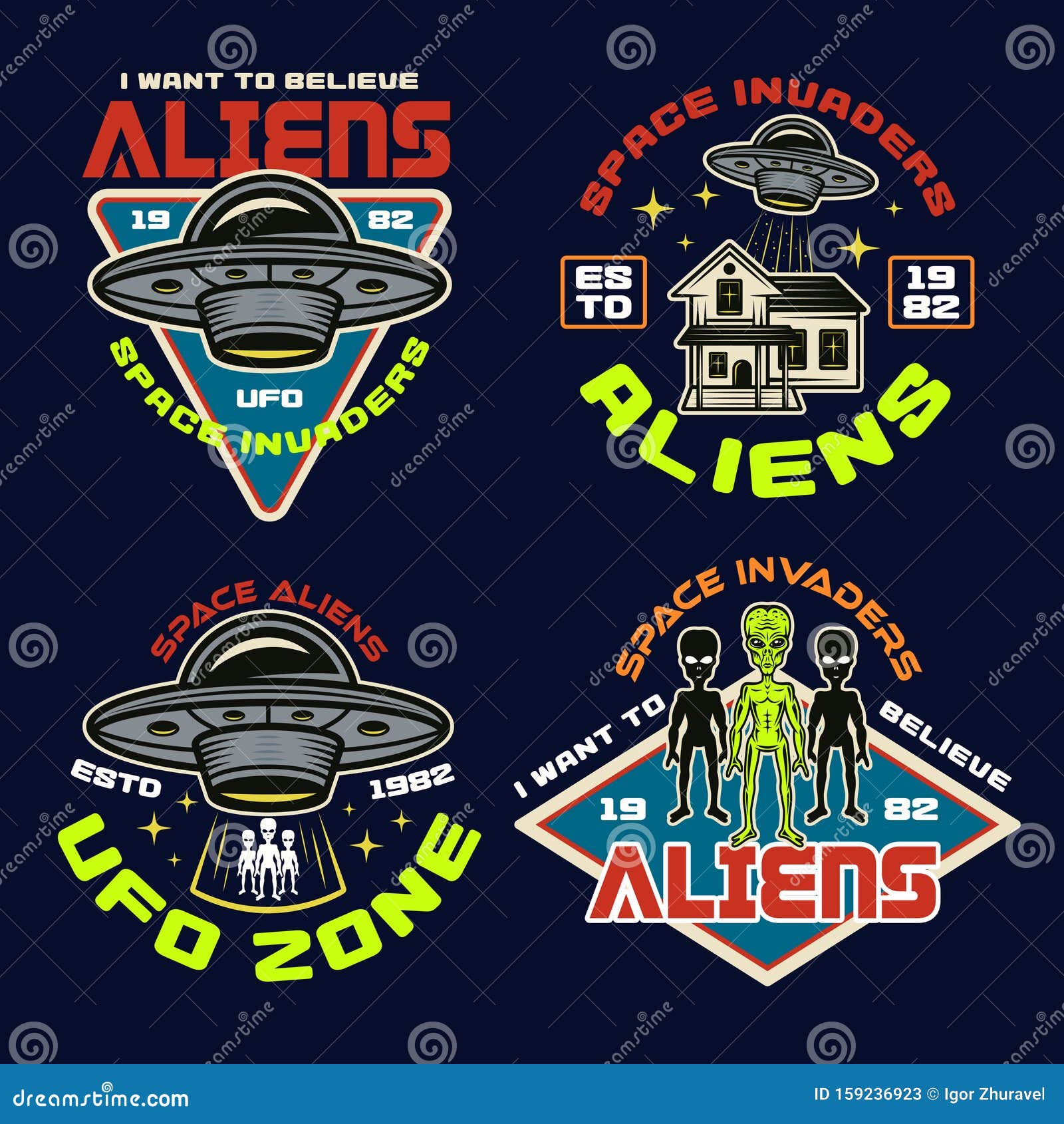 set of  aliens and ufo color  emblems