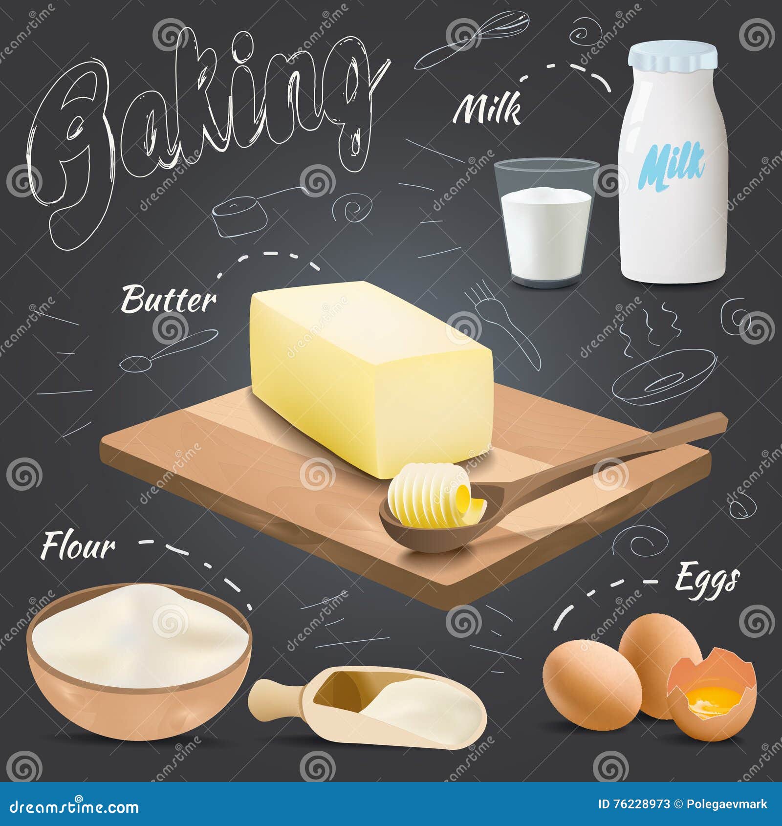 Set of Vector Baking Ingredients Design with Butter, Flour, Eggs Stock