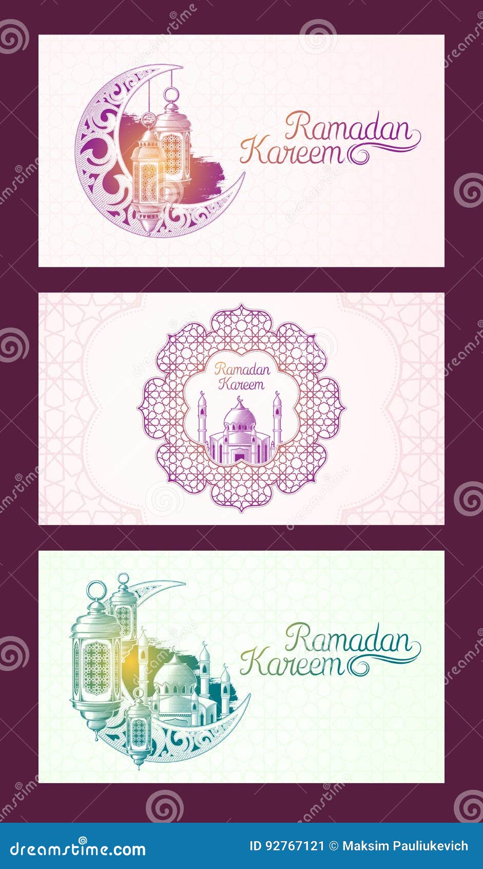 set of  banners for ramadan kareem with ramadan lantern, towers of mosque, vintage moon and arabic pattern