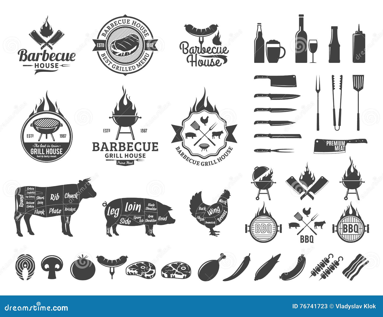 Bbq set barbecue equipment and meat icon Vector Image