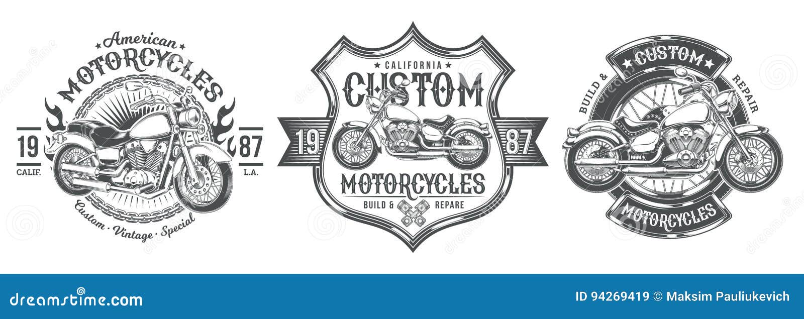 set  black vintage badges, emblems with a custom motorcycle