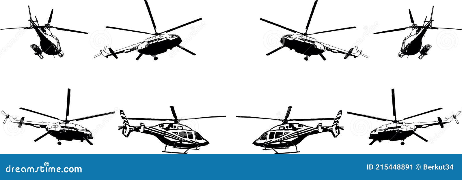 A Set of Vector Blackandwhite Images of Various Helicopter Models