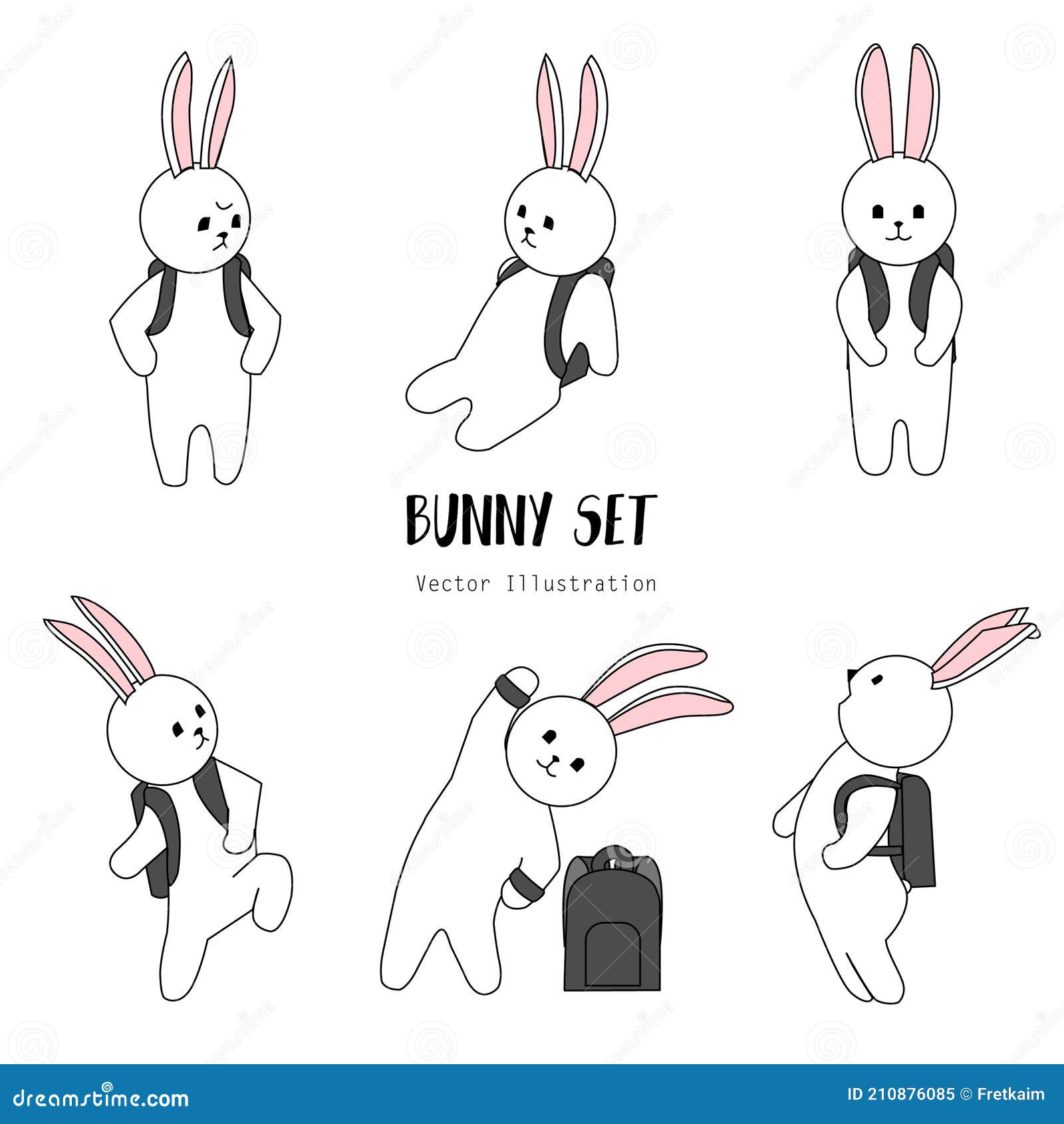 Set of Vector Bunnies. Hand Drawn Cartoon Bunny with Backpack in School.  Cute Character Design. Rabbit Schoolboy Stock Vector - Illustration of  design, animal: 210876085