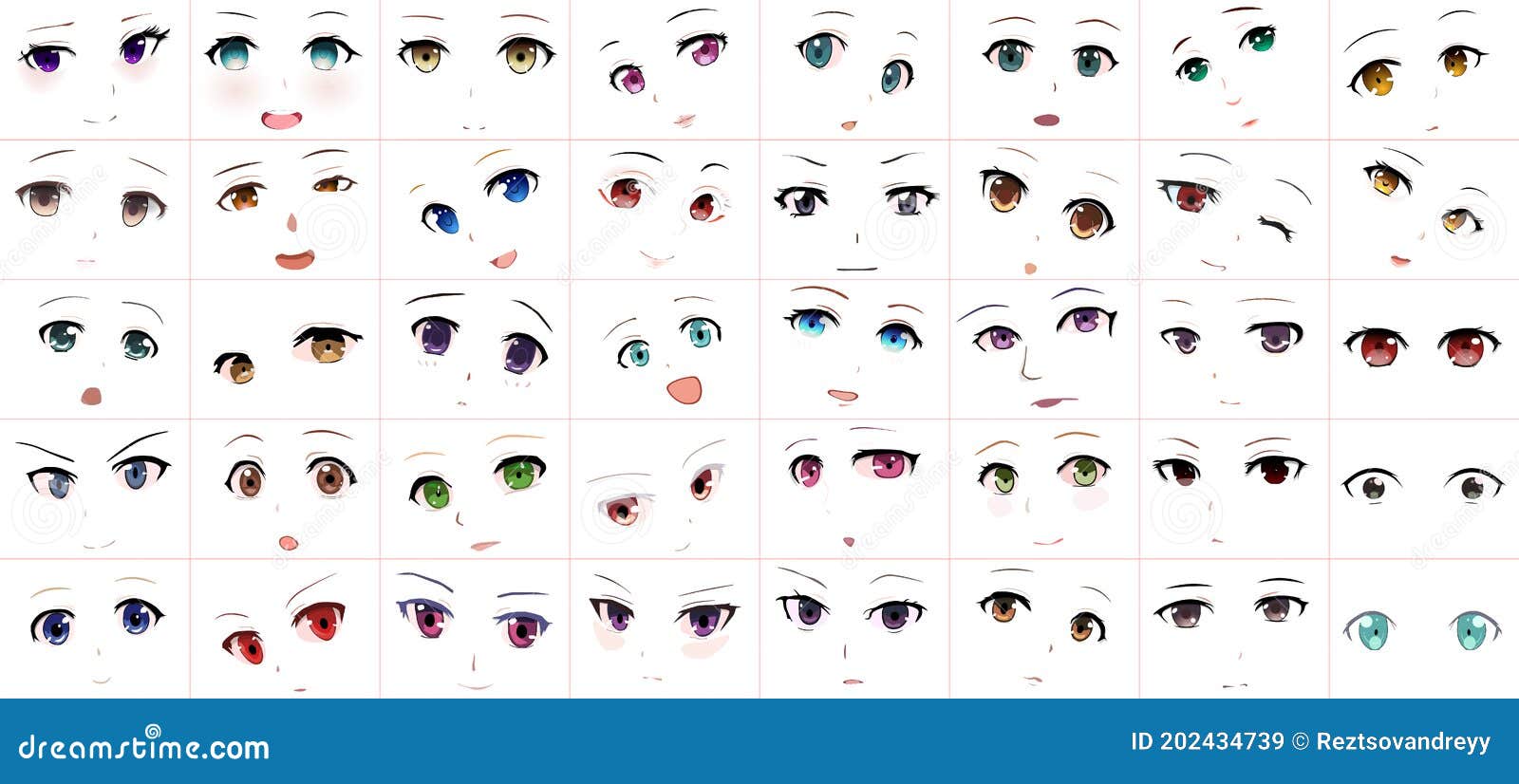 Set Vector Cartoon Anime Style Expressions Inglês Kawaii Caras