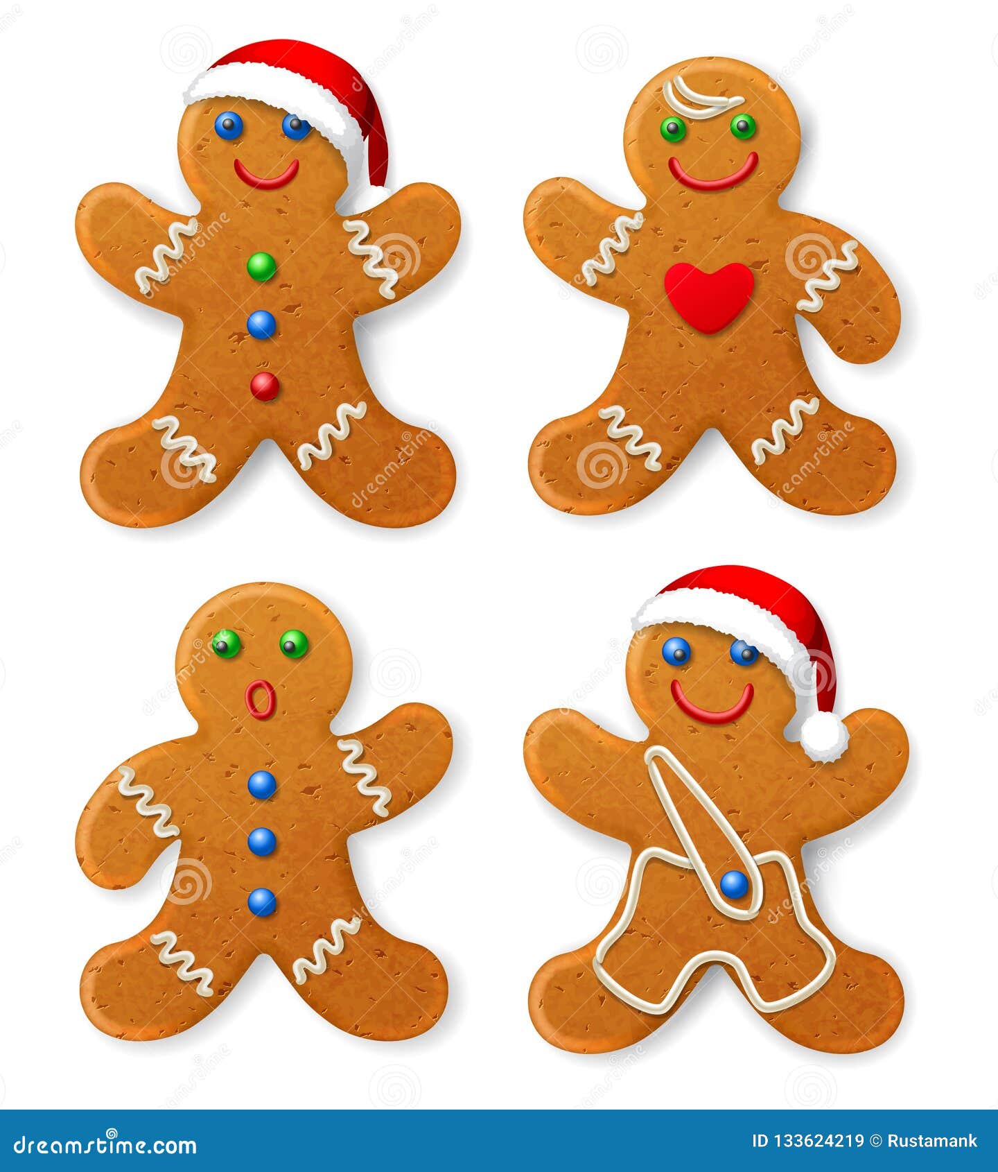 Set of Vector Christmas Gingerbread Man in a Santa Hat, Decorated with ...